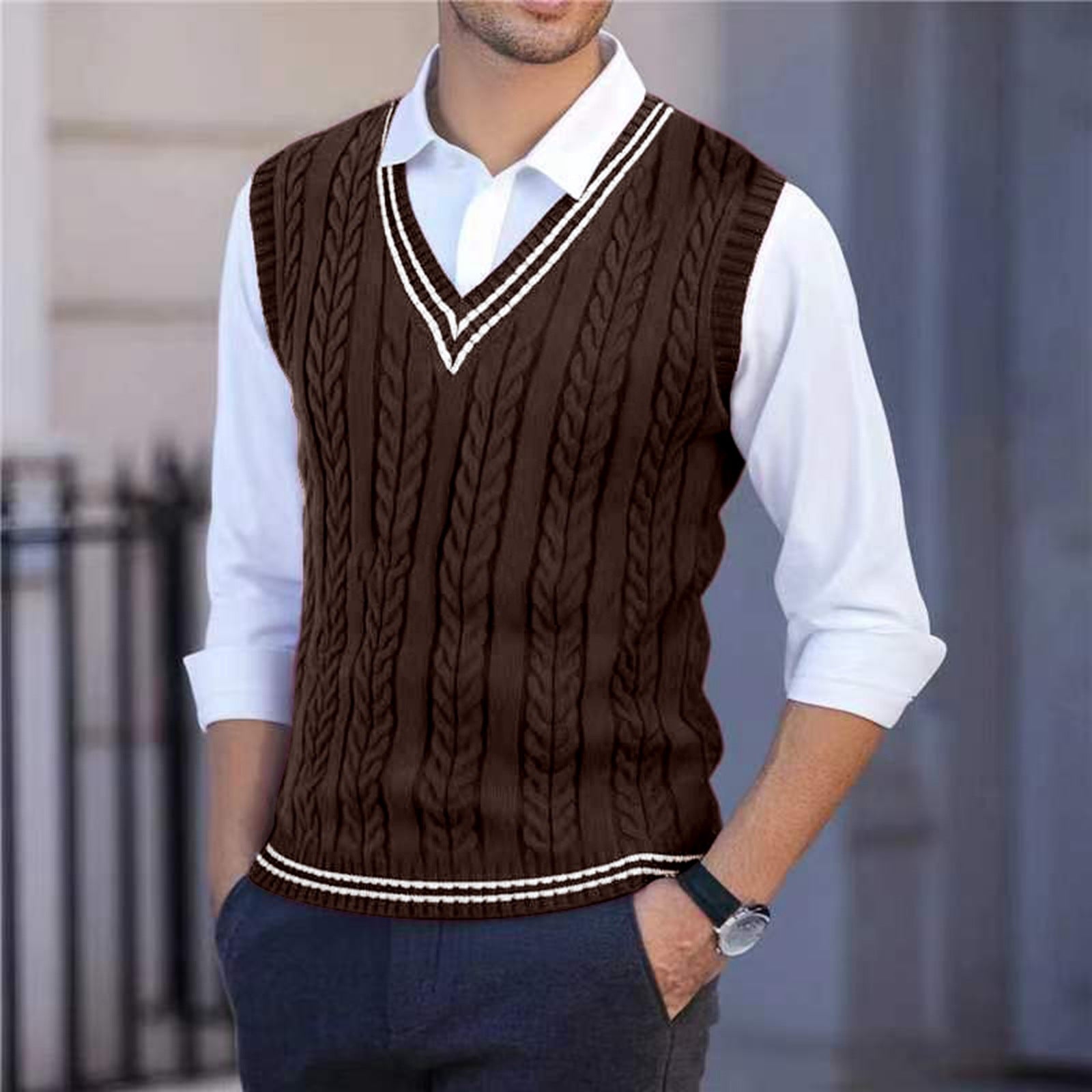 Men's V-neck Cabled Knit Vest