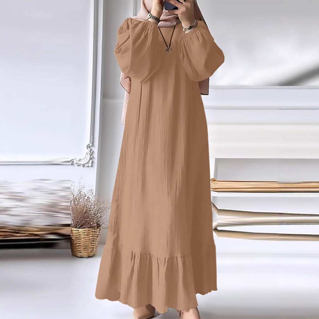 Women’s Solid Color Ruffled Dress – Round Neck Long Sleeve Fashion Outfit