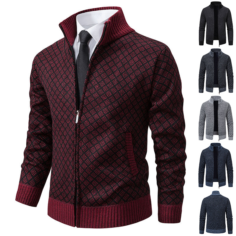 Men Plaid Knit Zip Jacket Winter Sweater