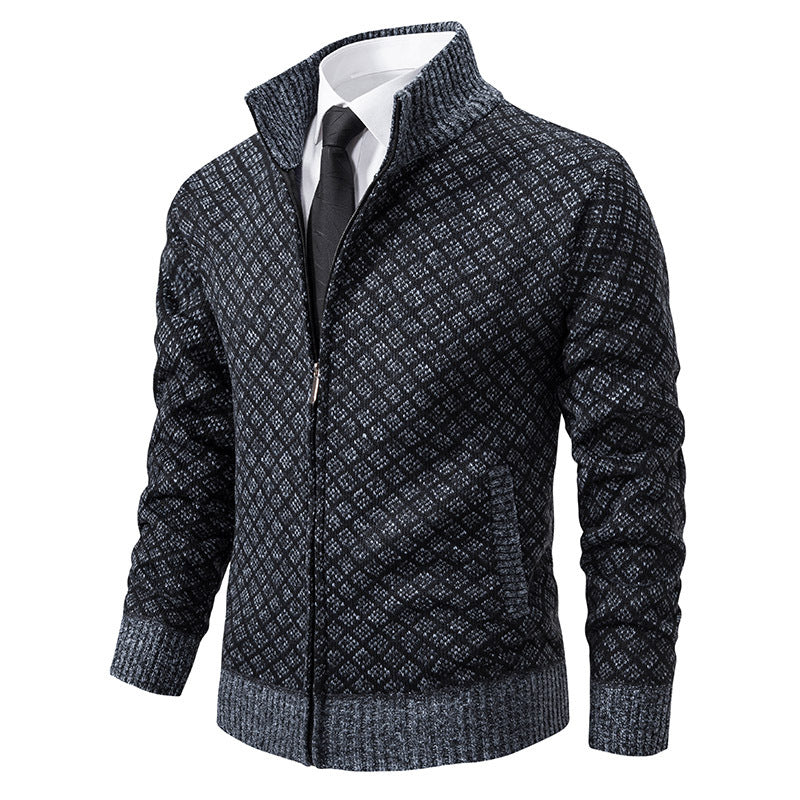 Men Plaid Knit Zip Jacket Winter Sweater