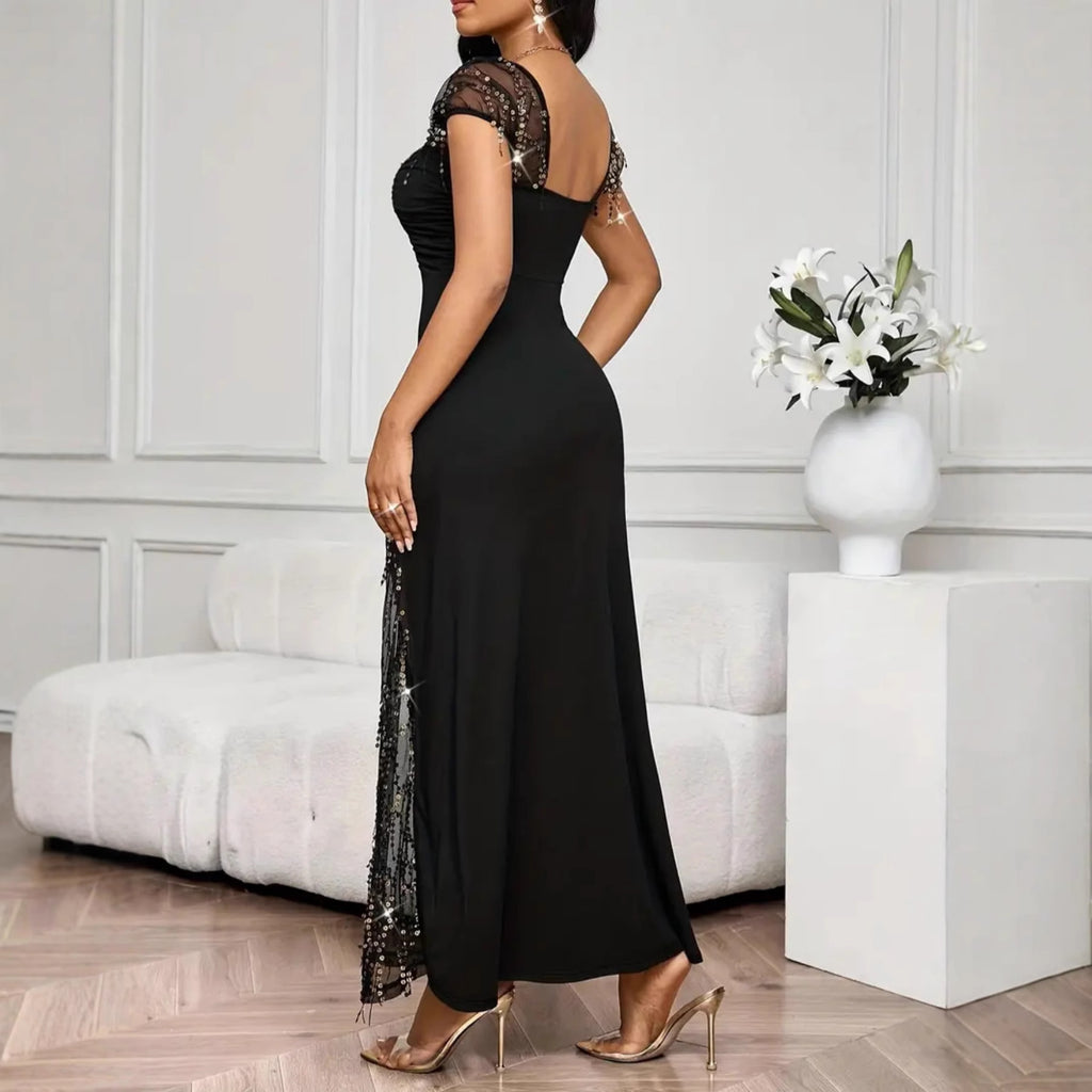 Elegant Diamond Embellished Split Long Dress – Slim Waist-Cinching Evening Gown