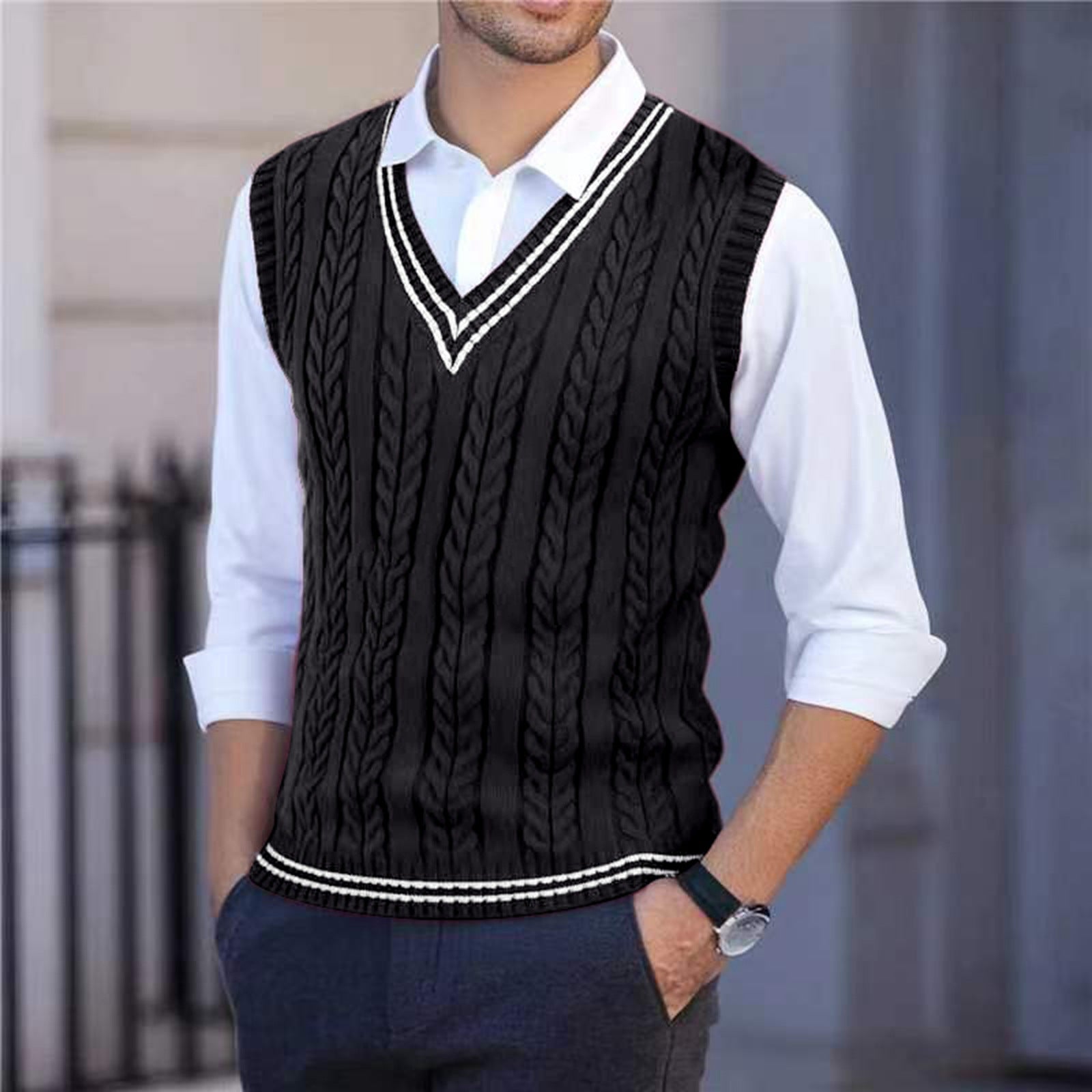 Men's V-neck Cabled Knit Vest