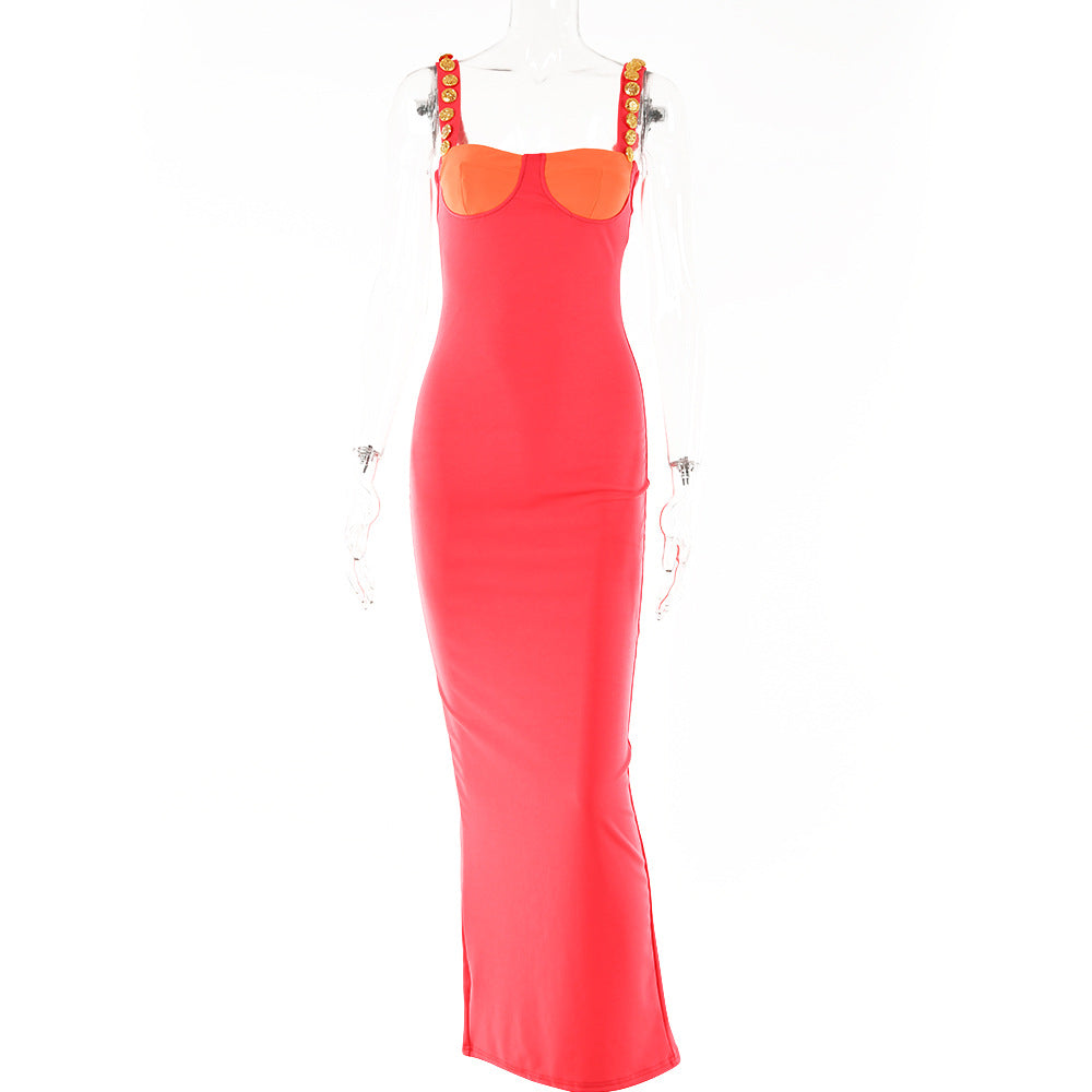 Women's Contrast Color Low Cut High Slit Long Skirt Irregular