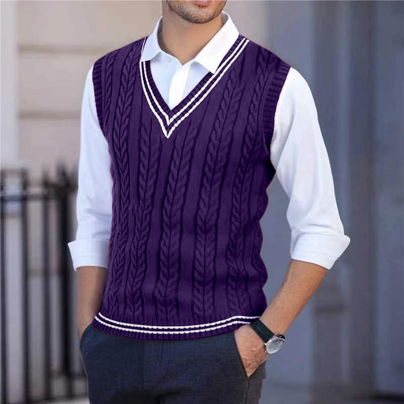 Men's V-neck Cabled Knit Vest