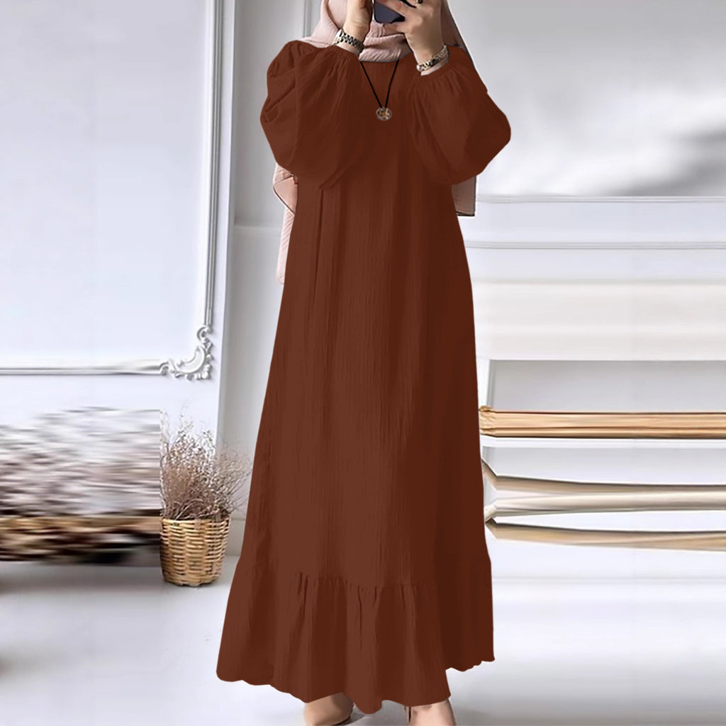 Women’s Solid Color Ruffled Dress – Round Neck Long Sleeve Fashion Outfit