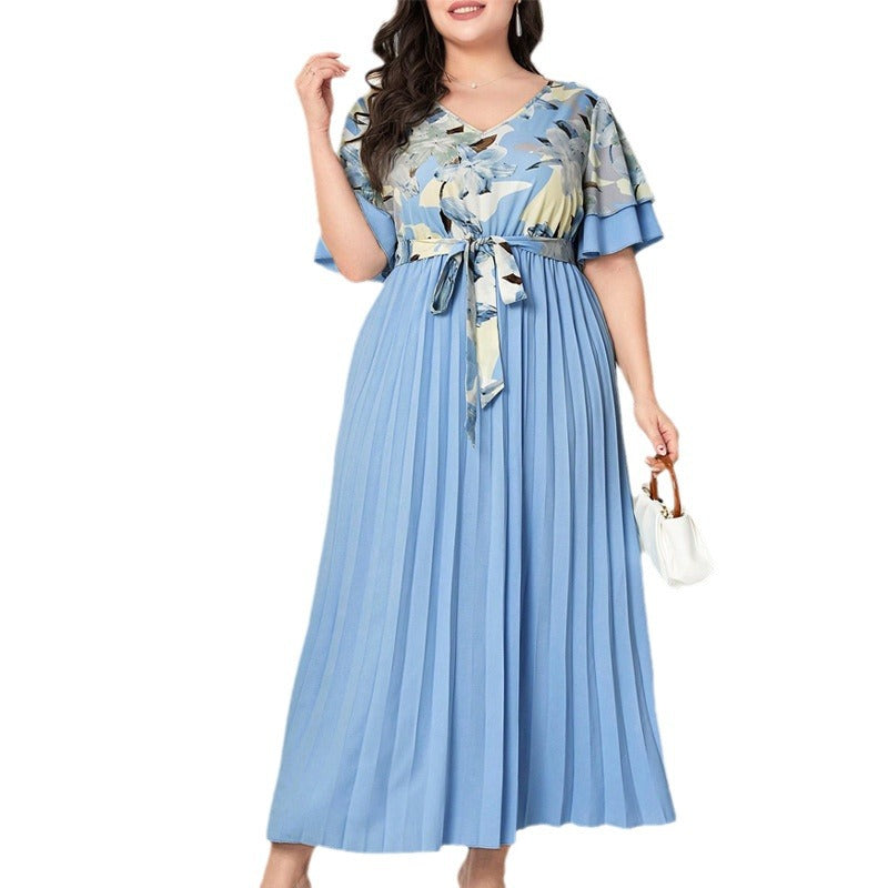 Printed V-Neck Slim-Fit Spliced Dress for Women