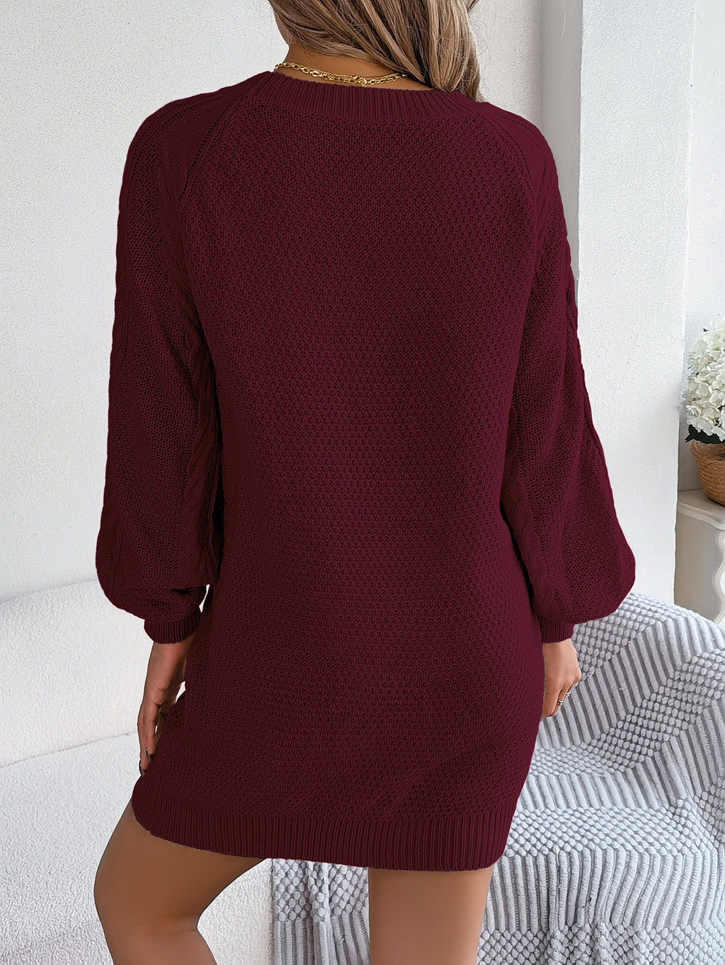 Women Solid Color Cable Knit Cinched Lantern Sleeve Sweater Dress