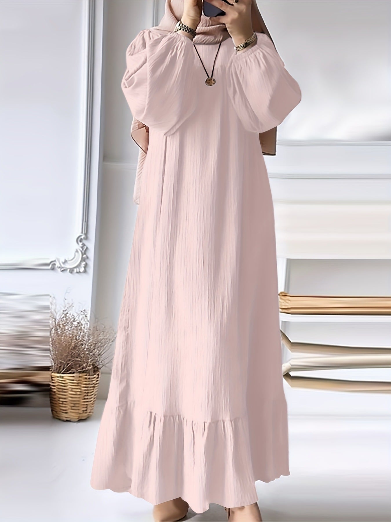 Women’s Solid Color Ruffled Dress – Round Neck Long Sleeve Fashion Outfit