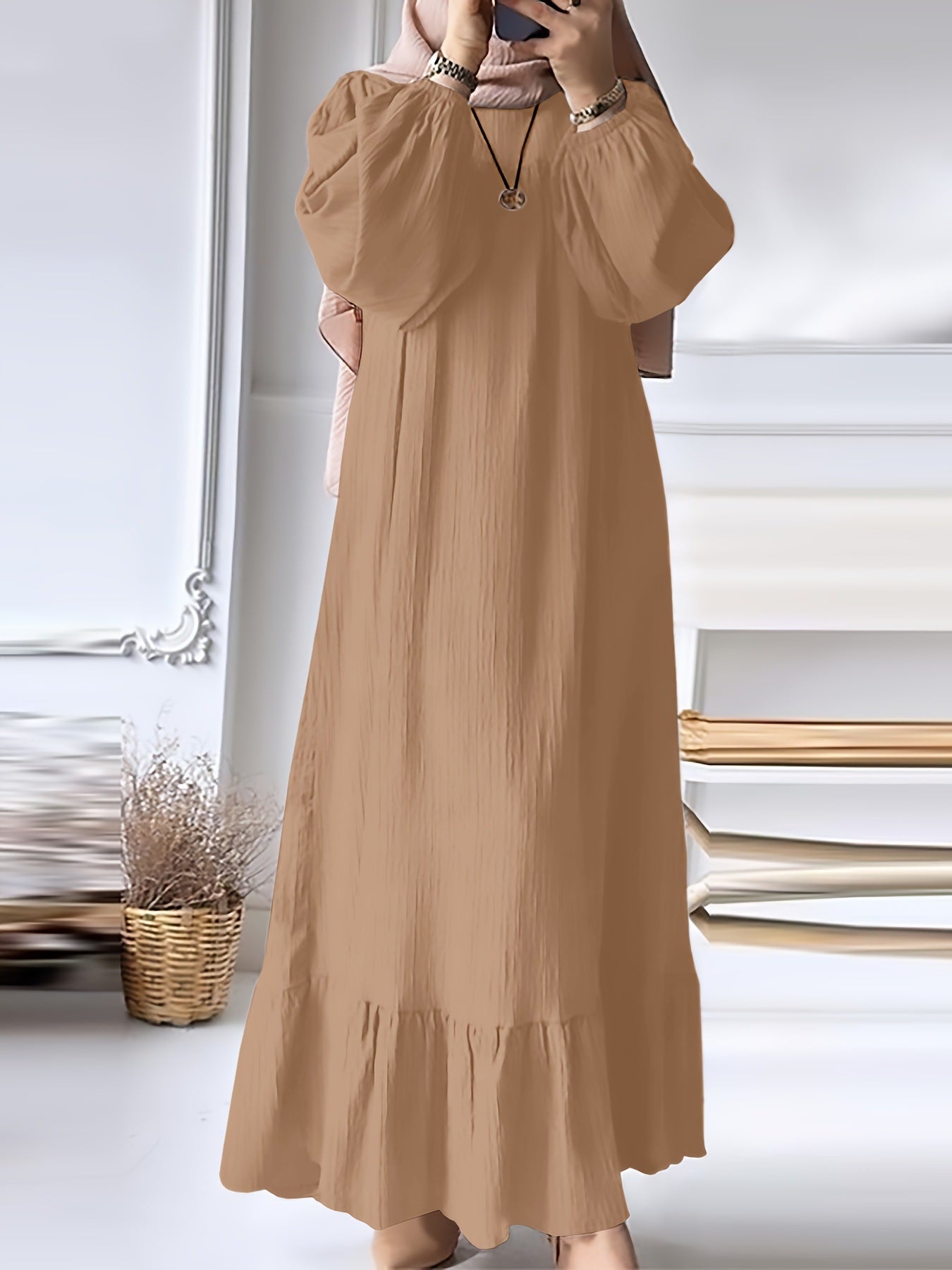 Women’s Solid Color Ruffled Dress – Round Neck Long Sleeve Fashion Outfit