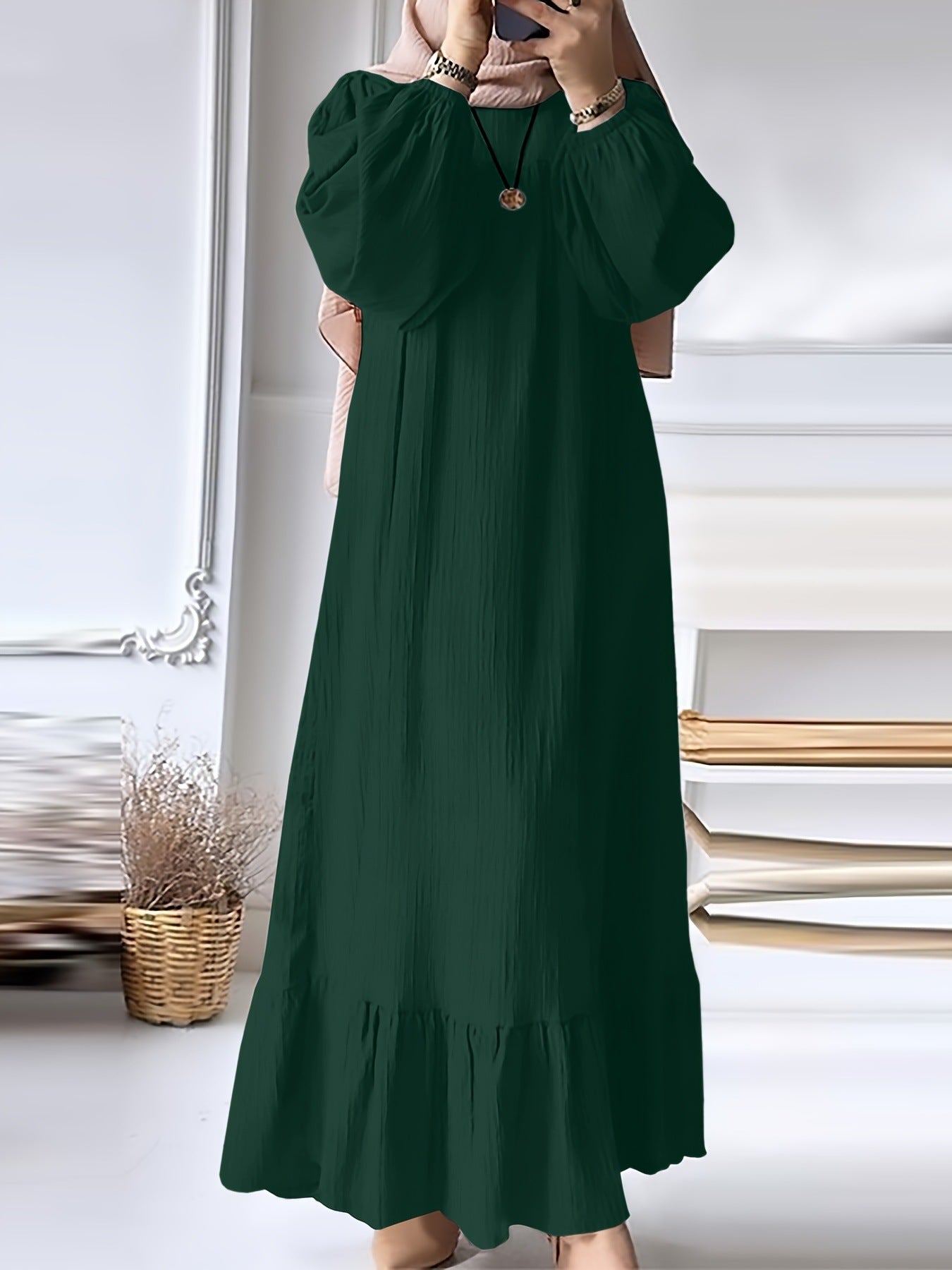 Women’s Solid Color Ruffled Dress – Round Neck Long Sleeve Fashion Outfit