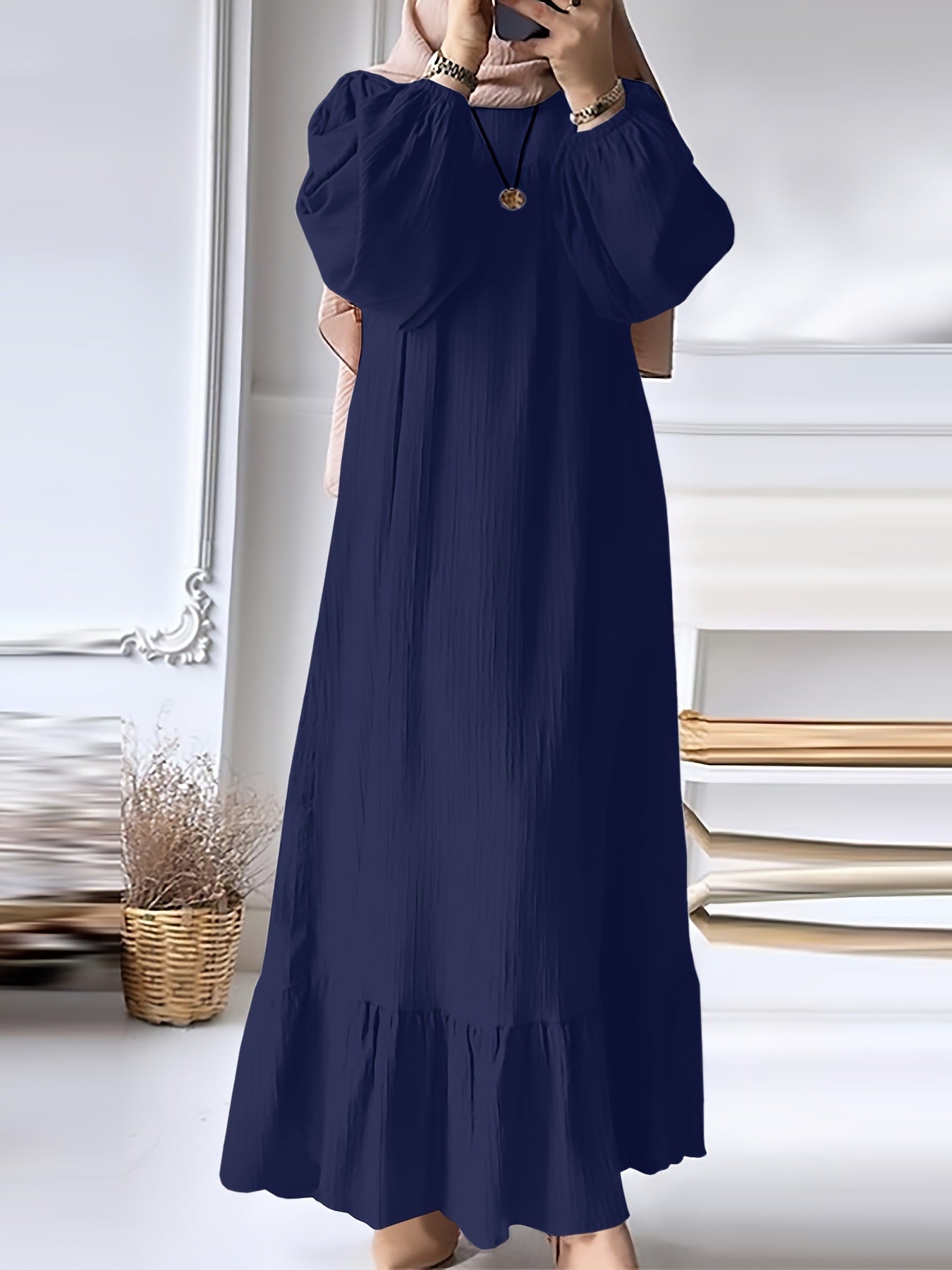 Women’s Solid Color Ruffled Dress – Round Neck Long Sleeve Fashion Outfit
