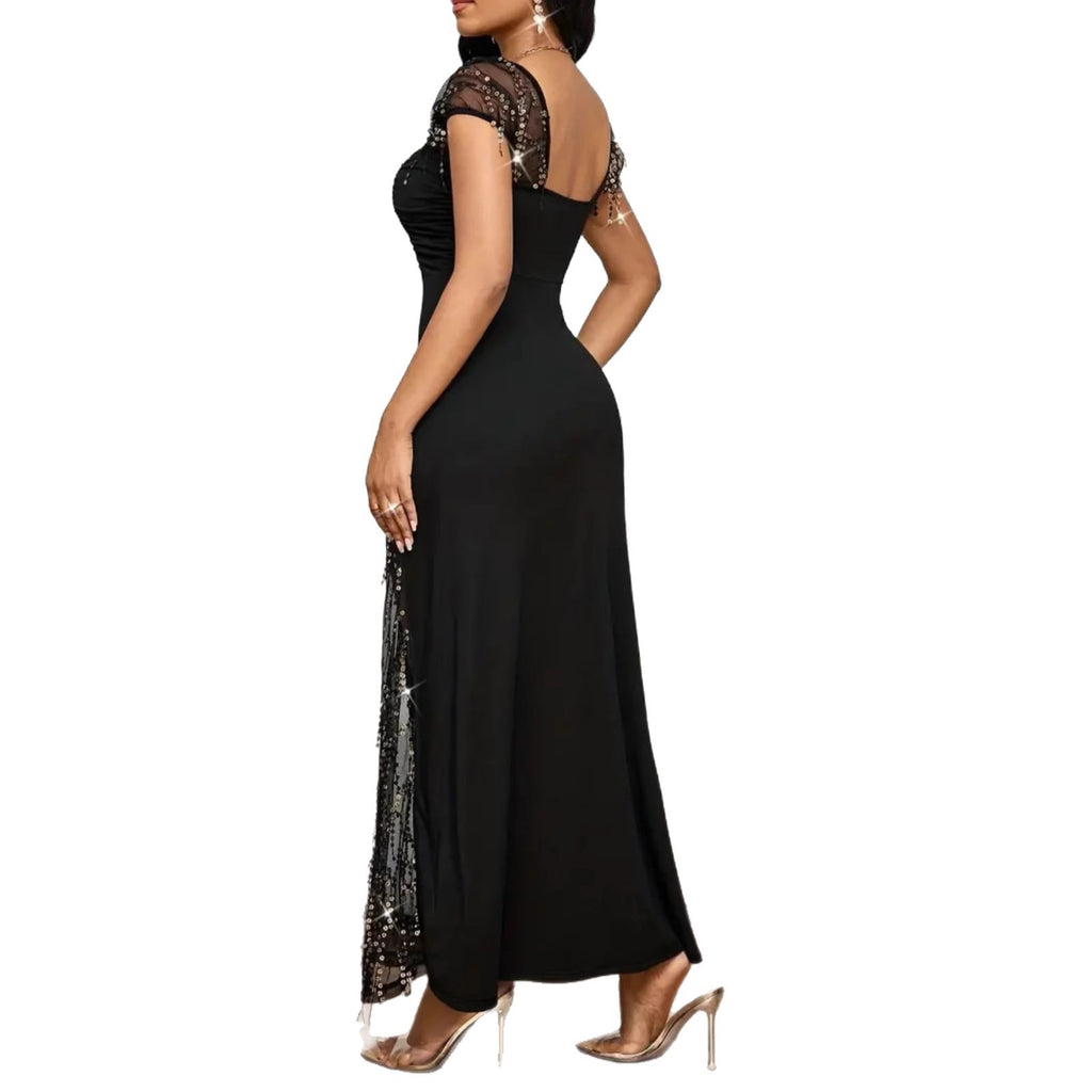 Elegant Diamond Embellished Split Long Dress – Slim Waist-Cinching Evening Gown