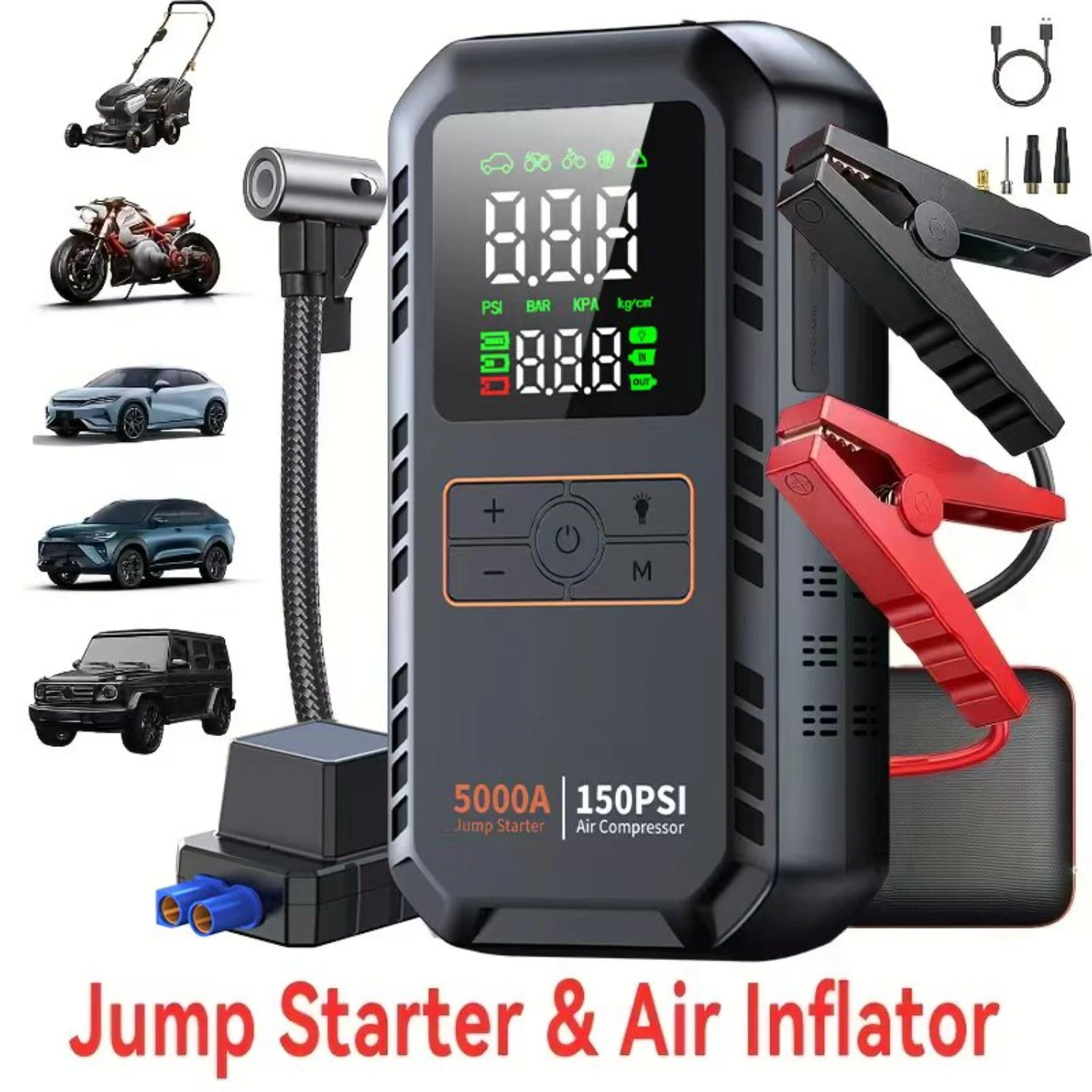 5000A 150PSI Car Jump Starter with Air Compressor Auto Tire Inflator, Large LCD Display, LED Light, for Cars, Bike & Motorcycle