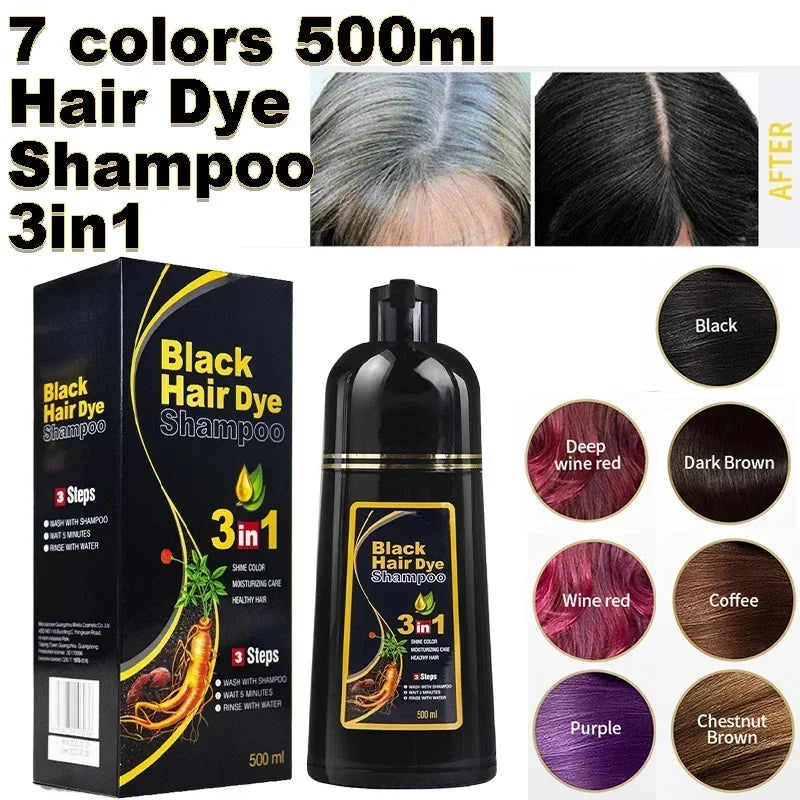 3 In 1 Instant Coloring Shampoo 500ml Natural Black Color for Men Women Hair Dye Herbal Brown Purple Hair Dye Shampoo