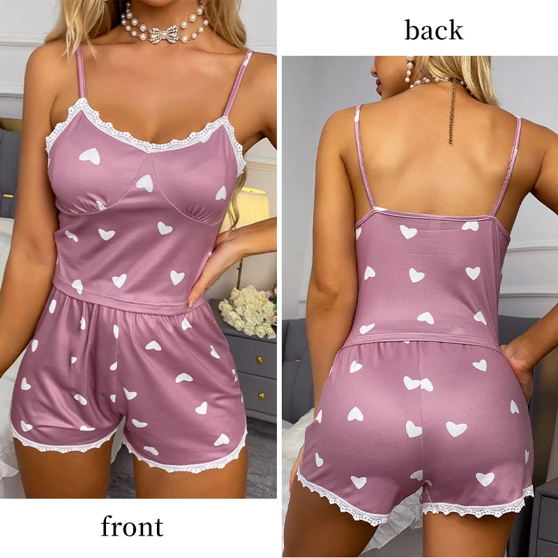 V-Neck Lace Two-Piece Pajama Set for Women