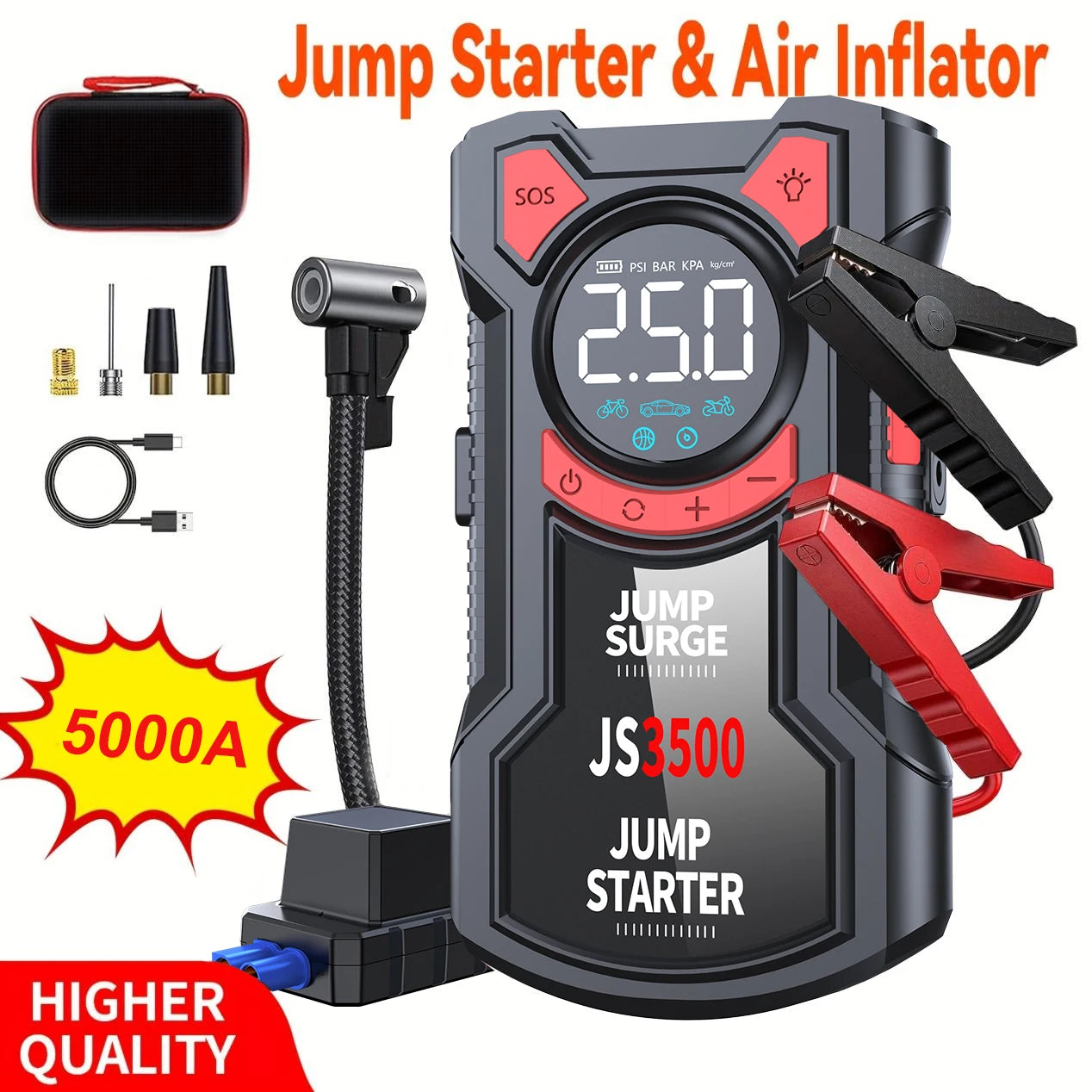 5000A 150PSI Car Jump Starter with Air Compressor Auto Tire Inflator, Large LCD Display, LED Light, for Cars, Bike & Motorcycle
