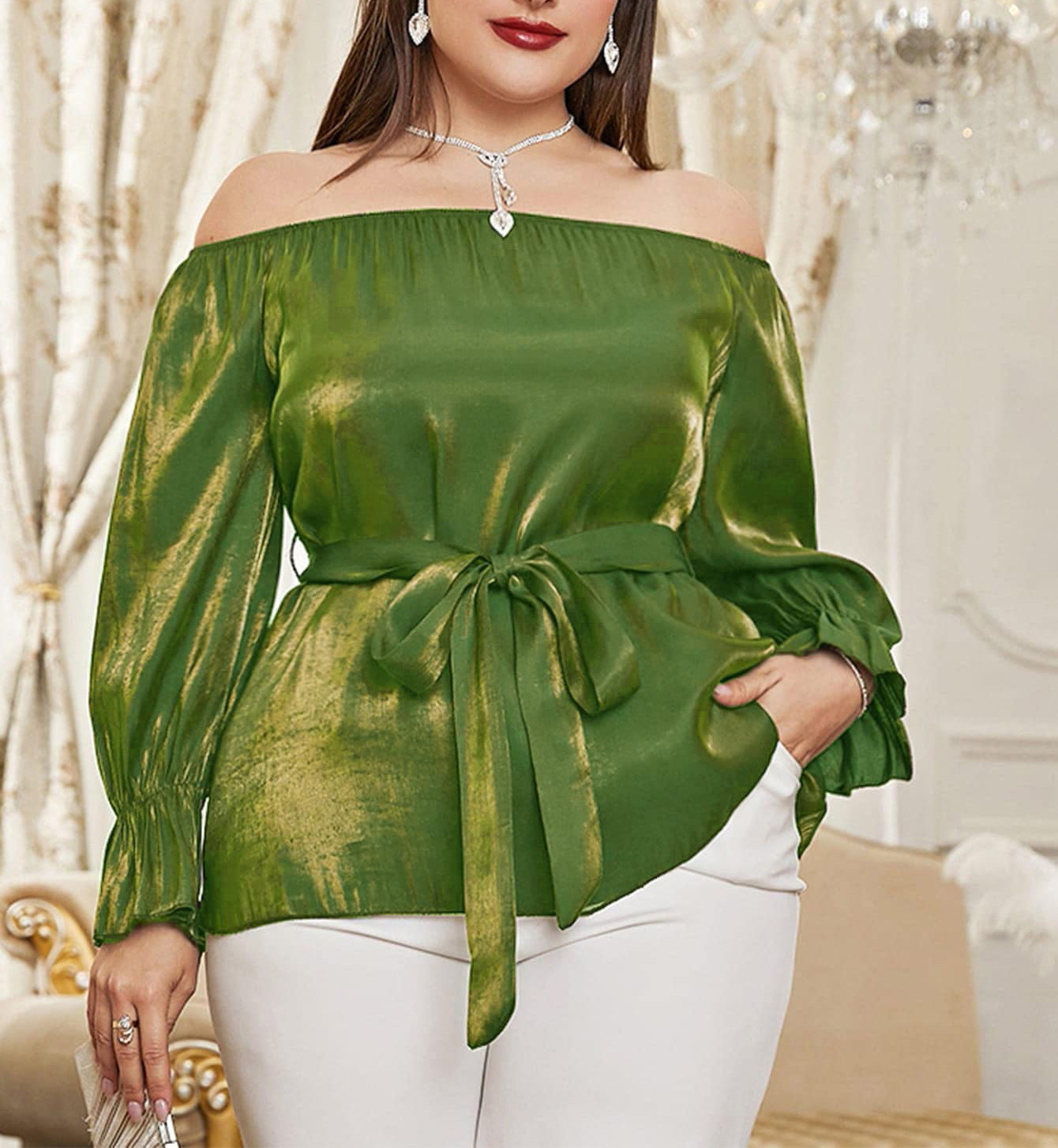 One-shoulder Middle Eastern Lace Blouse Long Sleeve