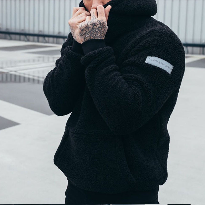 Men’s Plush Hooded Sweatshirt with Big Pocket Solid Clothing