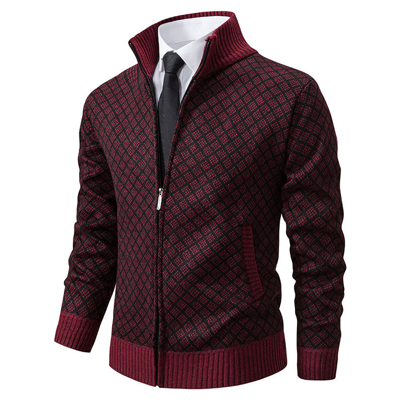 Men Plaid Knit Zip Jacket Winter Sweater