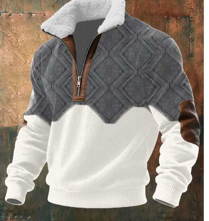 Men’s Suede Collar Digital Print Zipper Top
